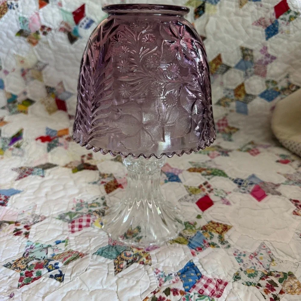 Vintage Purple Pressed Glass Floral Fairy Lamp Candle Holder 2 Piece Clear Base - Picture 1 of 9